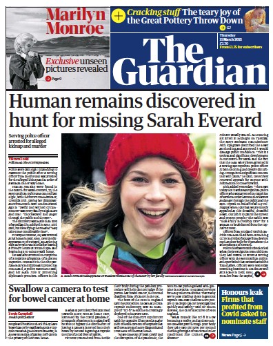 The Guardian Newspaper Front Page (UK) for 11 March 2021