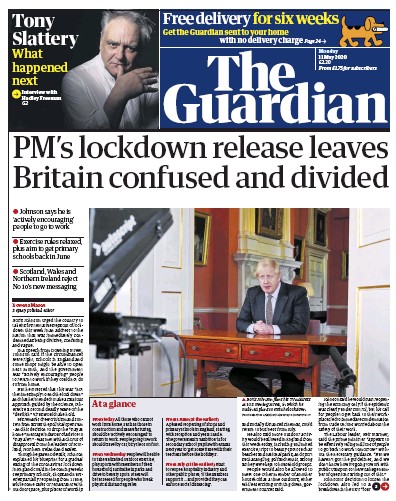 The Guardian Newspaper Front Page (UK) for 11 May 2020