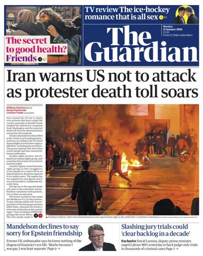 The Guardian Newspaper Front Page (UK) for 12 January 2026