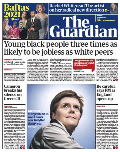 The Guardian Newspaper Front Page (UK) for 12 April 2021