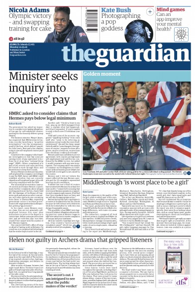 The Guardian Newspaper Front Page (UK) for 12 September 2016