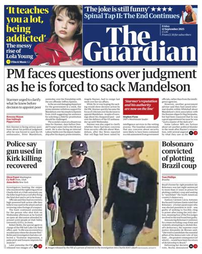 The Guardian Newspaper Front Page (UK) for 12 September 2025
