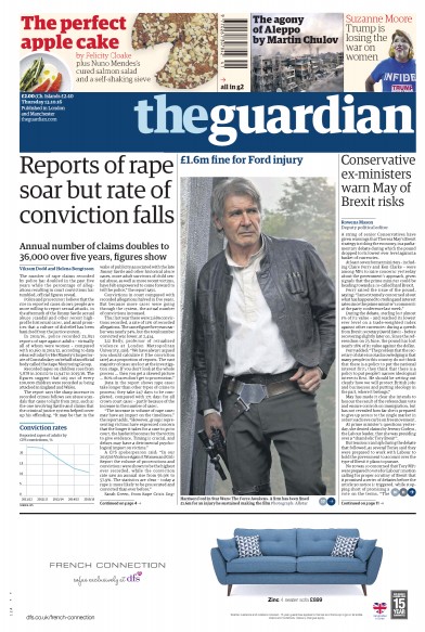 The Guardian Newspaper Front Page (UK) for 13 October 2016