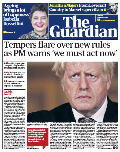 The Guardian Newspaper Front Page (UK) for 13 October 2020