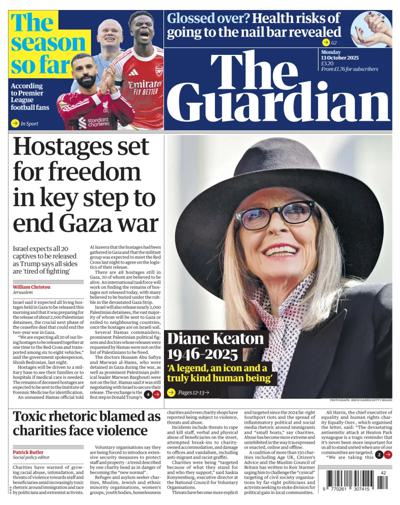 The Guardian Newspaper Front Page (UK) for 13 October 2025
