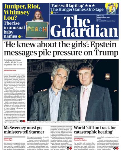 The Guardian Newspaper Front Page (UK) for 13 November 2025