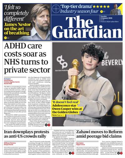 The Guardian Newspaper Front Page (UK) for 13 January 2026