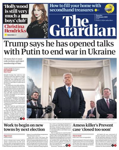 The Guardian Newspaper Front Page (UK) for 13 February 2025