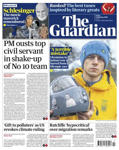 The Guardian Newspaper Front Page (UK) for 13 February 2026