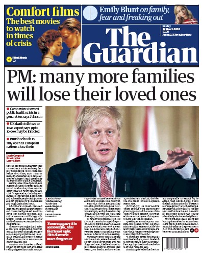 The Guardian Newspaper Front Page (UK) for 13 March 2020