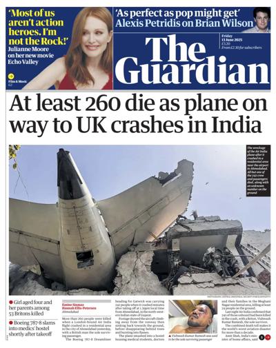 The Guardian Newspaper Front Page (UK) for 13 June 2025