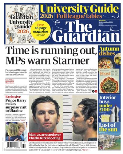 The Guardian Newspaper Front Page (UK) for 13 September 2025