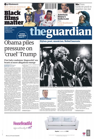 The Guardian Newspaper Front Page (UK) for 14 October 2016