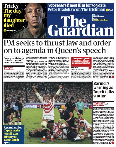 The Guardian Newspaper Front Page (UK) for 14 October 2019