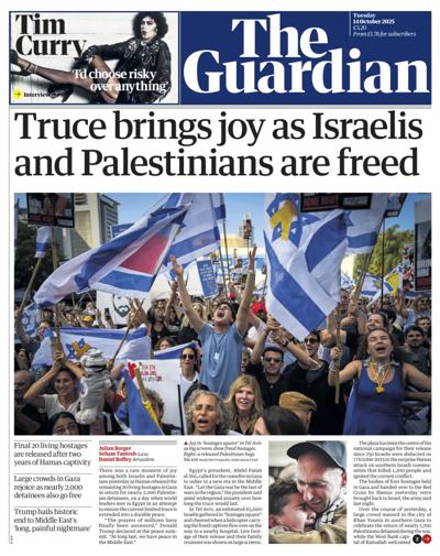 The Guardian Newspaper Front Page (UK) for 14 October 2025