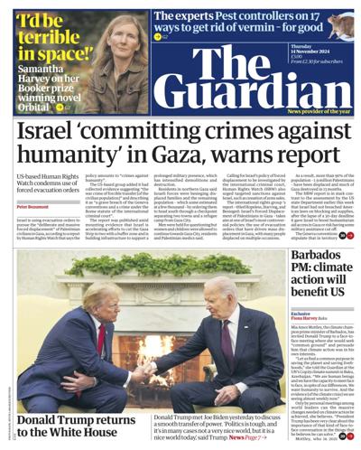 The Guardian Newspaper Front Page (UK) for 14 November 2024