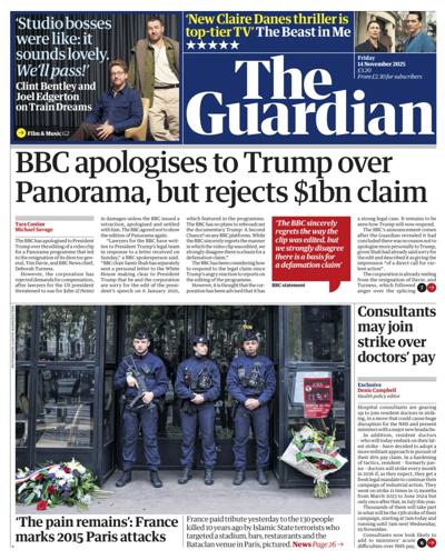 The Guardian Newspaper Front Page (UK) for 14 November 2025