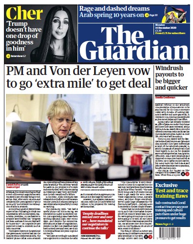 The Guardian Newspaper Front Page (UK) for 14 December 2020