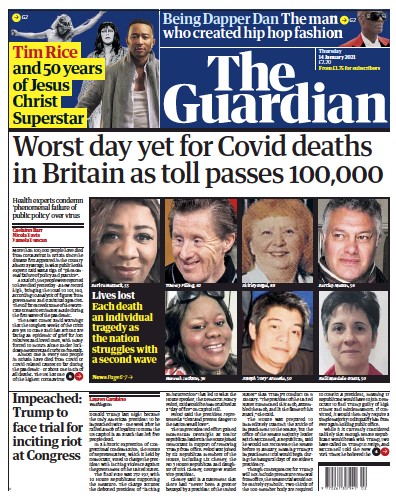 The Guardian Newspaper Front Page (UK) for 14 January 2021