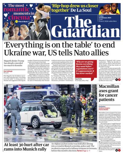 The Guardian Newspaper Front Page (UK) for 14 February 2025