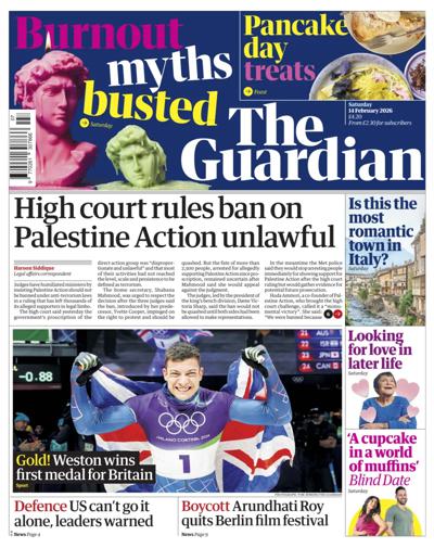 The Guardian Newspaper Front Page (UK) for 14 February 2026