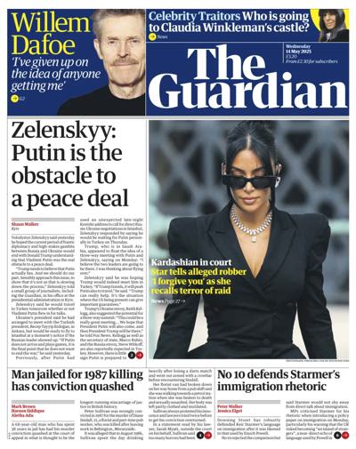 The Guardian Newspaper Front Page (UK) for 14 May 2025