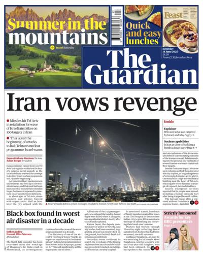 The Guardian Newspaper Front Page (UK) for 14 June 2025