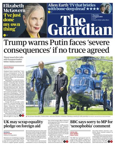The Guardian Newspaper Front Page (UK) for 14 August 2025