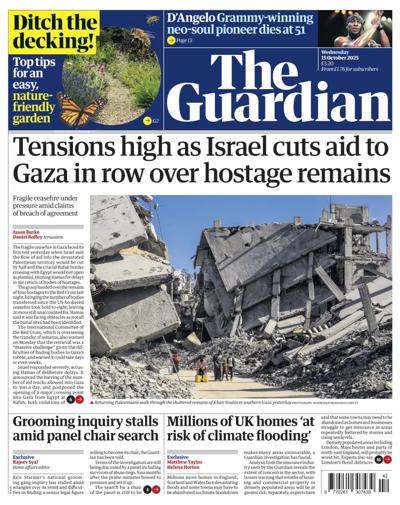 The Guardian Newspaper Front Page (UK) for 15 October 2025