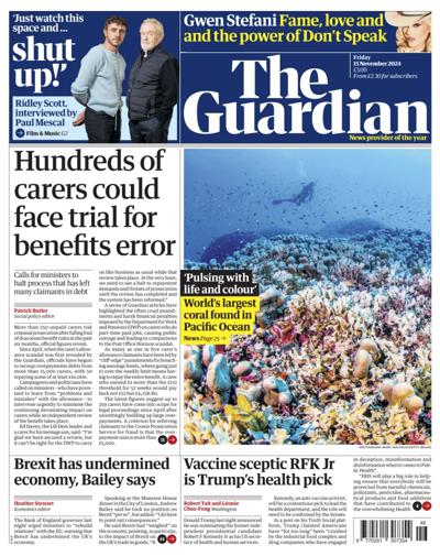 The Guardian Newspaper Front Page (UK) for 15 November 2024