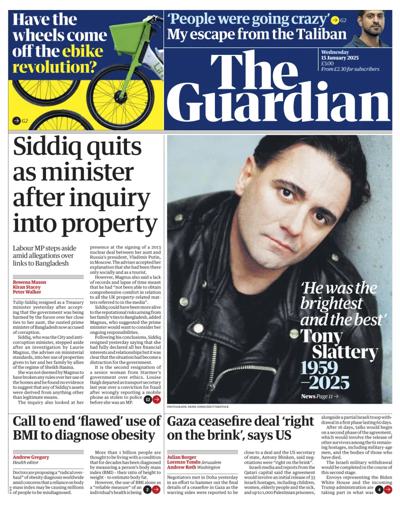 The Guardian Newspaper Front Page (UK) for 15 January 2025