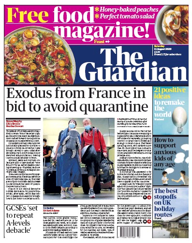 The Guardian Newspaper Front Page (UK) for 15 August 2020