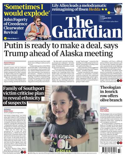 The Guardian Newspaper Front Page (UK) for 15 August 2025