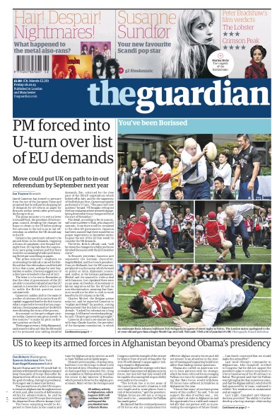 The Guardian Newspaper Front Page (UK) for 16 October 2015