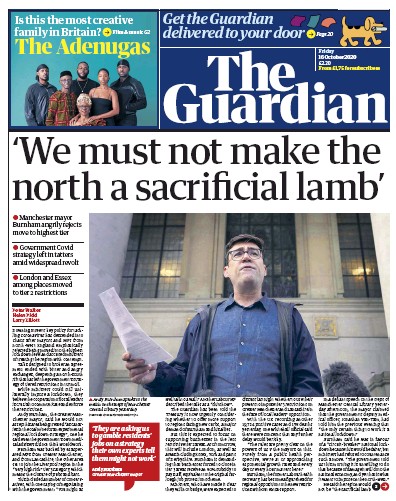 The Guardian Newspaper Front Page (UK) for 16 October 2020