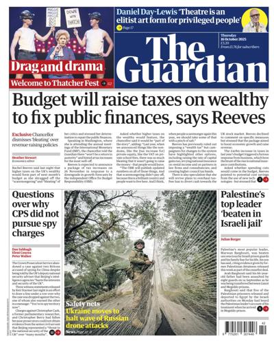 The Guardian Newspaper Front Page (UK) for 16 October 2025