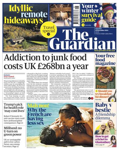 The Guardian Newspaper Front Page (UK) for 16 November 2024