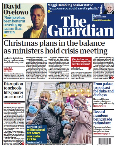 The Guardian Newspaper Front Page (UK) for 16 December 2020