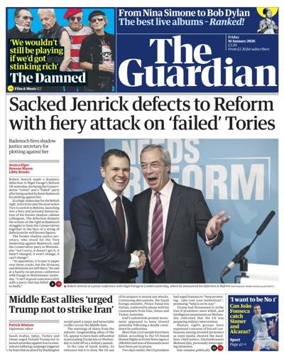 The Guardian Newspaper Front Page (UK) for 16 January 2026