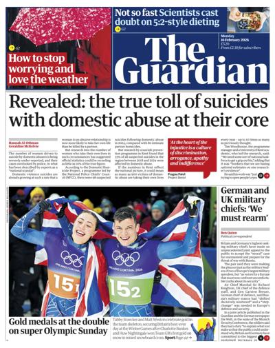The Guardian Newspaper Front Page (UK) for 16 February 2026
