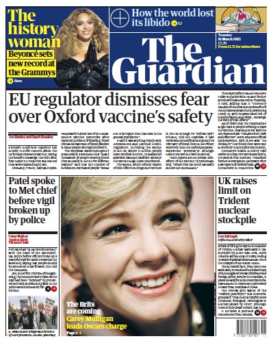 The Guardian Newspaper Front Page (UK) for 16 March 2021