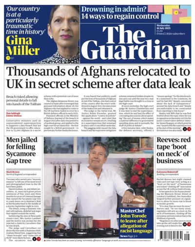The Guardian Newspaper Front Page (UK) for 16 July 2025