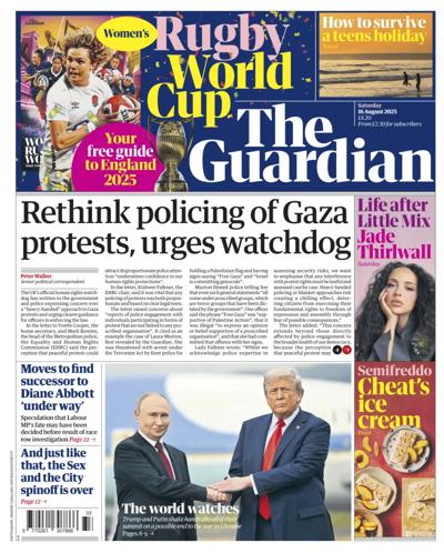 The Guardian Newspaper Front Page (UK) for 16 August 2025