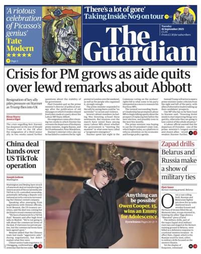 The Guardian Newspaper Front Page (UK) for 16 September 2025