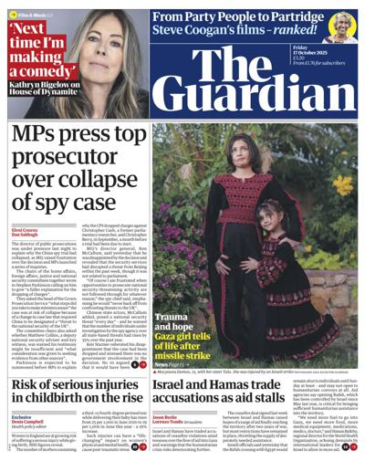 The Guardian Newspaper Front Page (UK) for 17 October 2025