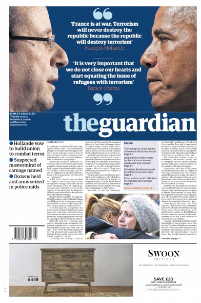 The Guardian Newspaper Front Page (UK) for 17 November 2015