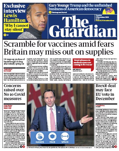 The Guardian Newspaper Front Page (UK) for 17 November 2020