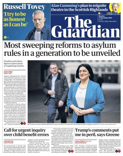 The Guardian Newspaper Front Page (UK) for 17 November 2025