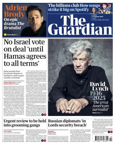 The Guardian Newspaper Front Page (UK) for 17 January 2025