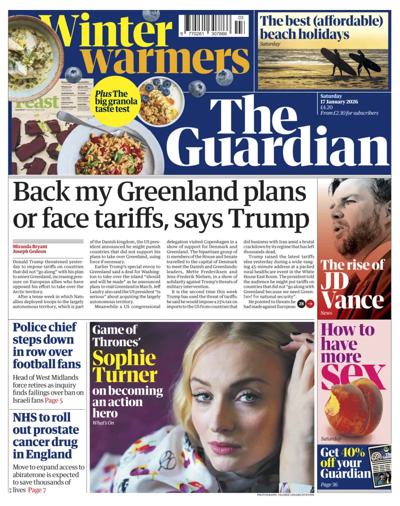 The Guardian Newspaper Front Page (UK) for 17 January 2026